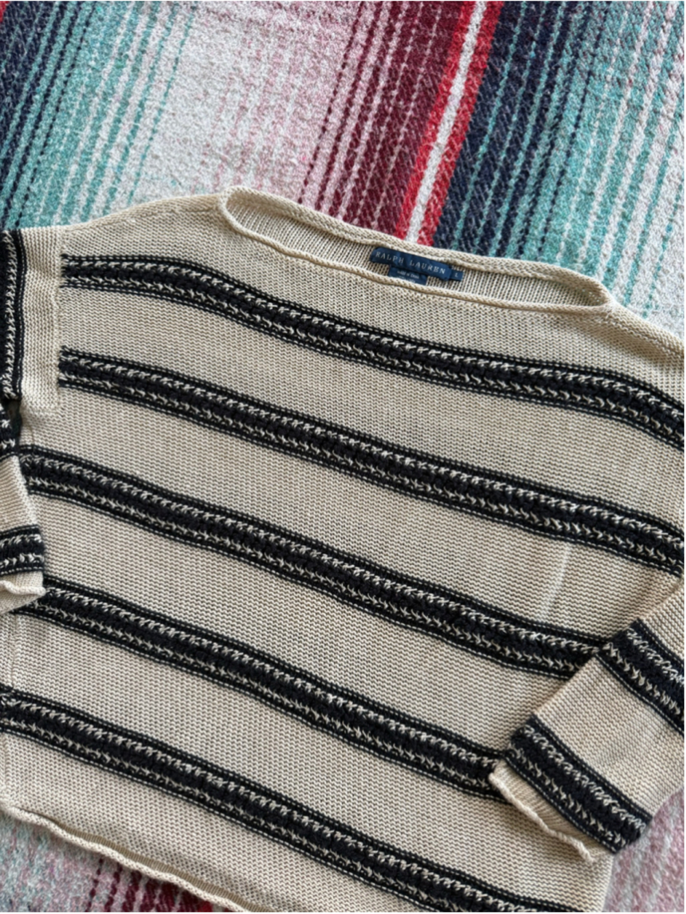 Vintage Ralph Lauren Linen/Silk Tan/Black Boxy Sweater L